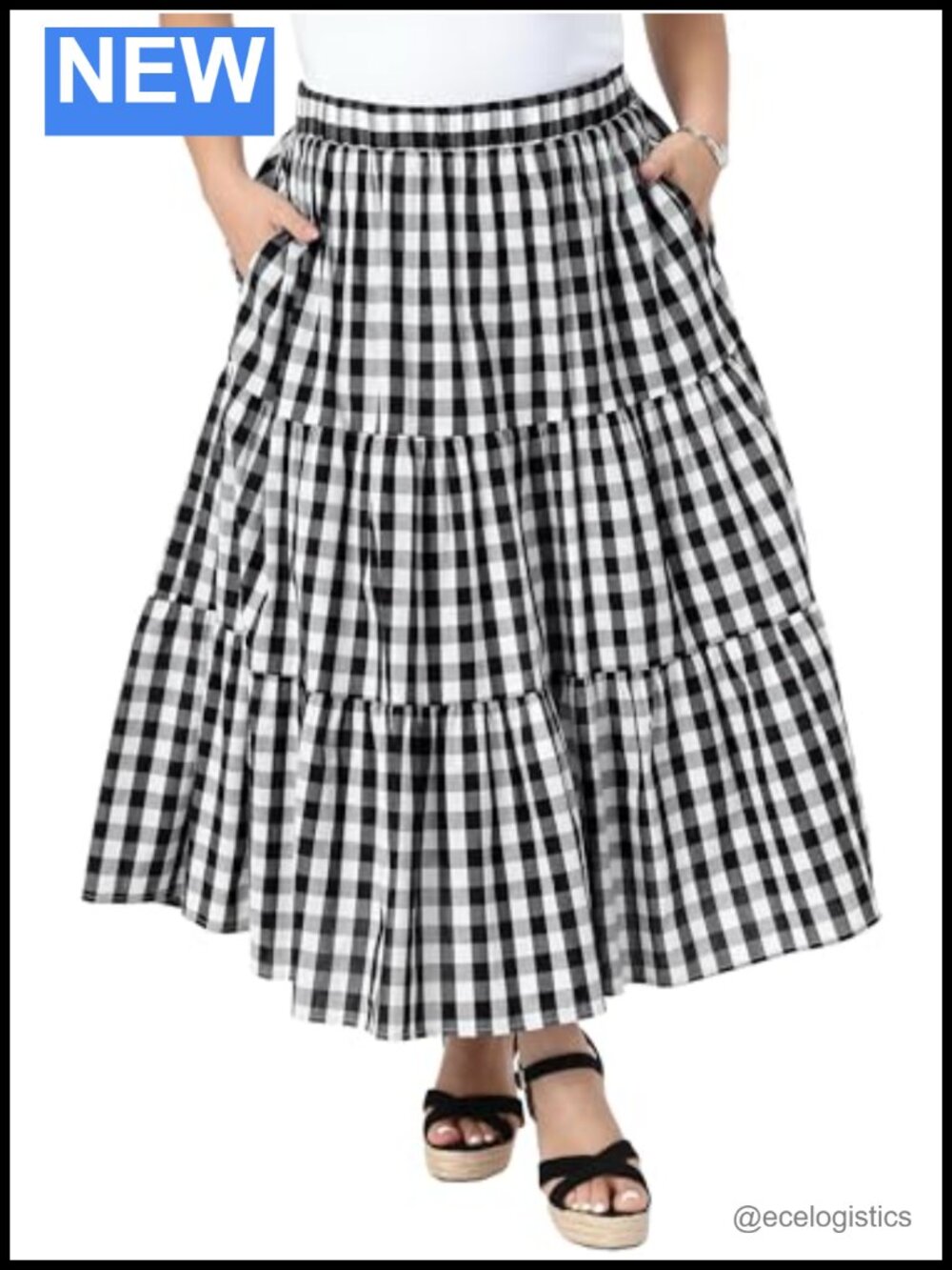 Plus Size Cotton Tiered Ruffle Skirt High Waist A-Line Slash Pockets Vintage